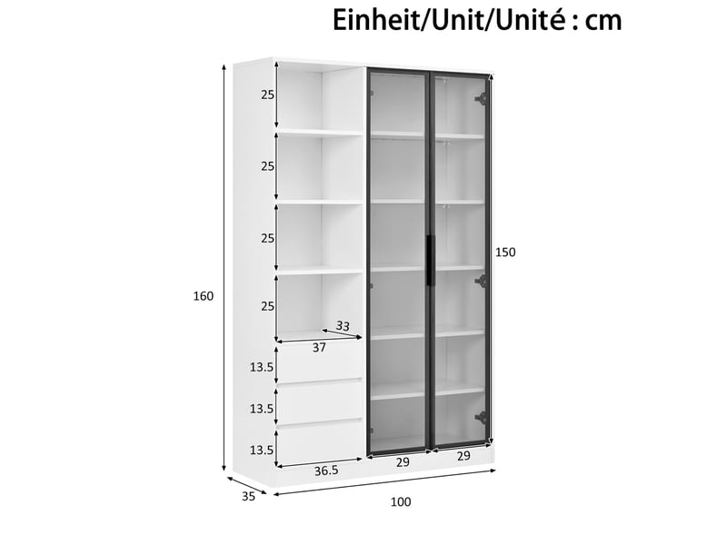 Vitrine haute 100 x 35 x 160 cm – blanc – led intégrée, rangements et 3 tiroirs pour salon moderne  - Conforama C