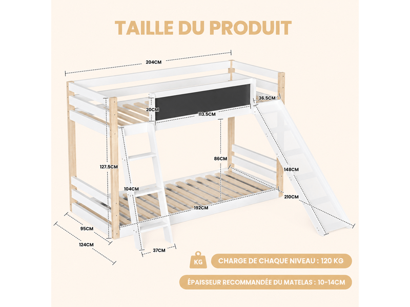  Lit superposé enfant en bois blanc 90x190200 cm avec toboggan, échelle et tableau, 204 x 210 x 127,5 cm  - Conforama C