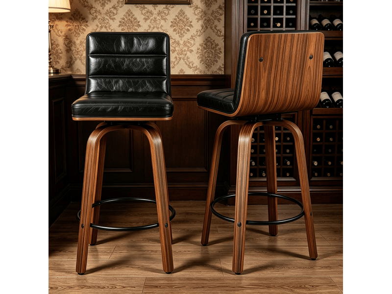  Tabouret de bar pivotant avec dossier ergonomique et repose-pieds, en métal et bois noir  - Conforama C