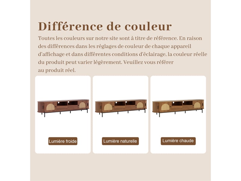  Meuble tv ovale rotin 200 cm - portes coulissantes et tiroirs - pieds métal noir - noyer  - Conforama W