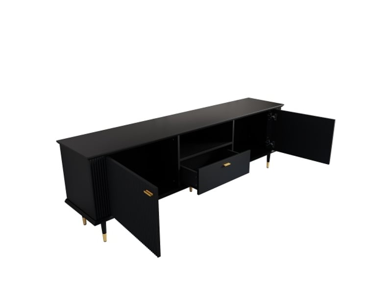  Meuble tv moderne avec rangements ouverts et tiroirs – surface laquée structurée, charnières soft-close  - Conforama D