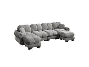 Canapé d’angle modulable 4 places modenvie, configuration en u ou en l, revêtement en chenille gris clair, 2 poufs mobiles, 330 x 149 x 90 cm