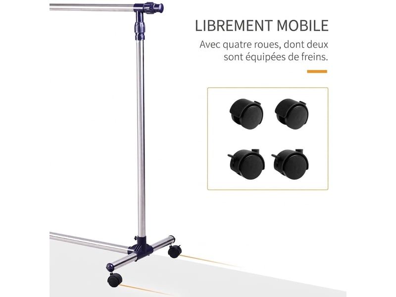 Portant à vêtements télescopique sur roulettes en acier inoxydable – penderie mobile réglable en hauteur (95-170 cm) et longueur extensible (86-160 cm) – argent - Conforama D
