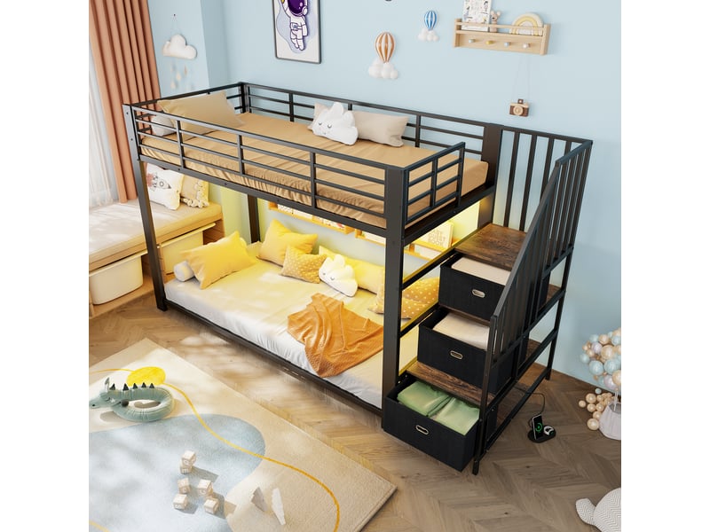  Lit superposé adulte 90x200 cm avec escalier de rangement réversible, tiroirs, led, prises électriques et ports usb, métal et mdf - noir  - Conforama D