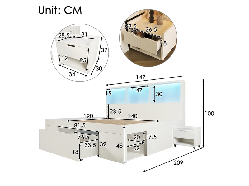  Lit double 140x190 cm avec éclairage led et port usb-c, blanc, lit coffre avec tiroirs et étagères et table de chevet amovible  - Conforama C
