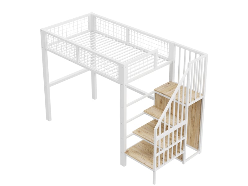  Lit mezzanine enfant 90x200 cm avec armoire intégrée et échelle, métal, blanc, sans matelas  - Conforama R