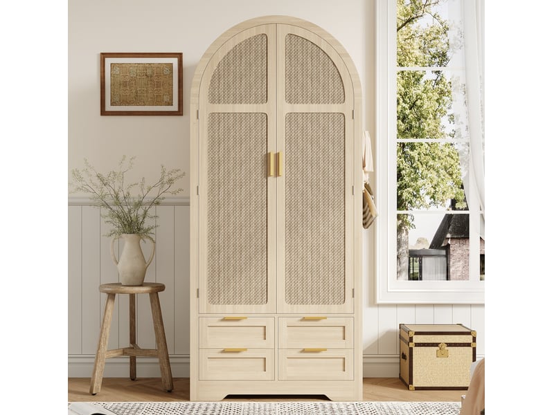  Armoire 2 portes 80x50x180 cm, portes courbes en rotin, penderie, tiroirs et rangements, mdf, couleur chêne  - Conforama D