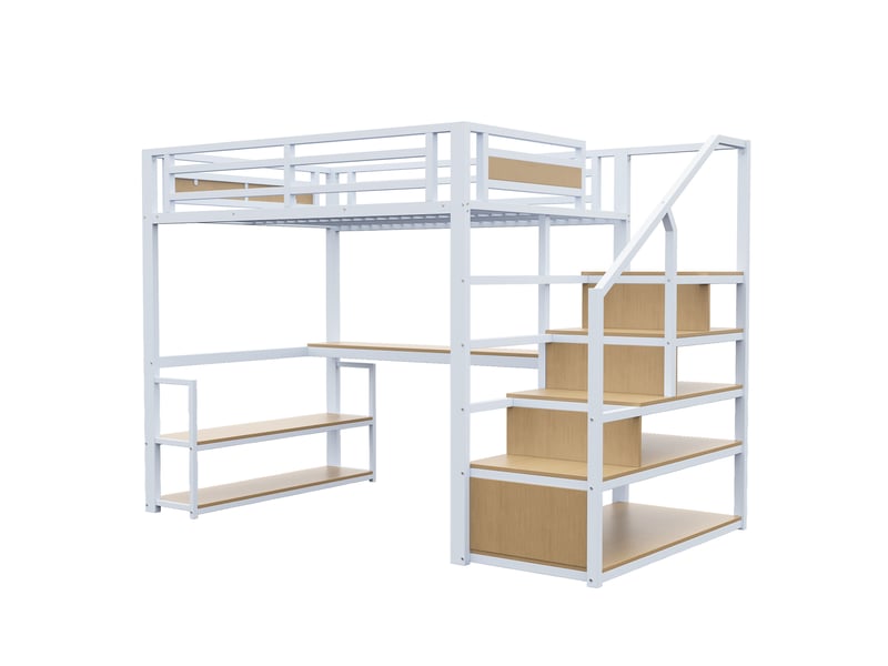  Lit mezzanine enfant 140x200 cm – blanc – bureau, étagères, escalier et rangements intégrés pour étude  - Conforama D