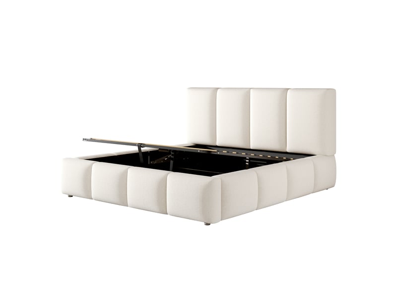 Lit double capitonné rembourré 180x200 cm en tissu bouclé blanc, coffre hydraulique, sommier à lattes inclus, tête de lit rembourrée, sans matelas Luxe haut de gamme - Conforama A