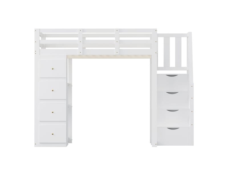  Lit mezzanine 140x200 cm en bois blanc, échelle, commode, tiroirs et étagères de rangement  - Conforama A