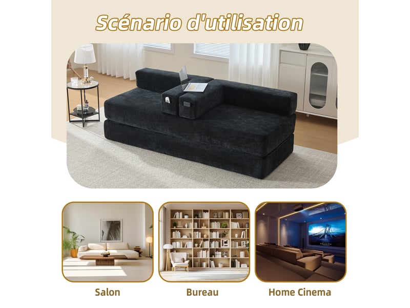  Canapé modulable noir en chenille 198 x 79 x 60 cm, déhoussable, avec poches latérales et base antidérapante 198x79x60cm - Conforama W