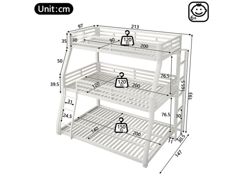  Lit triple 140x200(90x200+120x200) cm coloris blanc métal lit enfant blanc - Conforama C