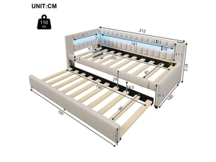Banquette-lit 90*200cm, cadre lin et mdf, éclairage led, couchage extensible, usb-c, sans matelas, beige