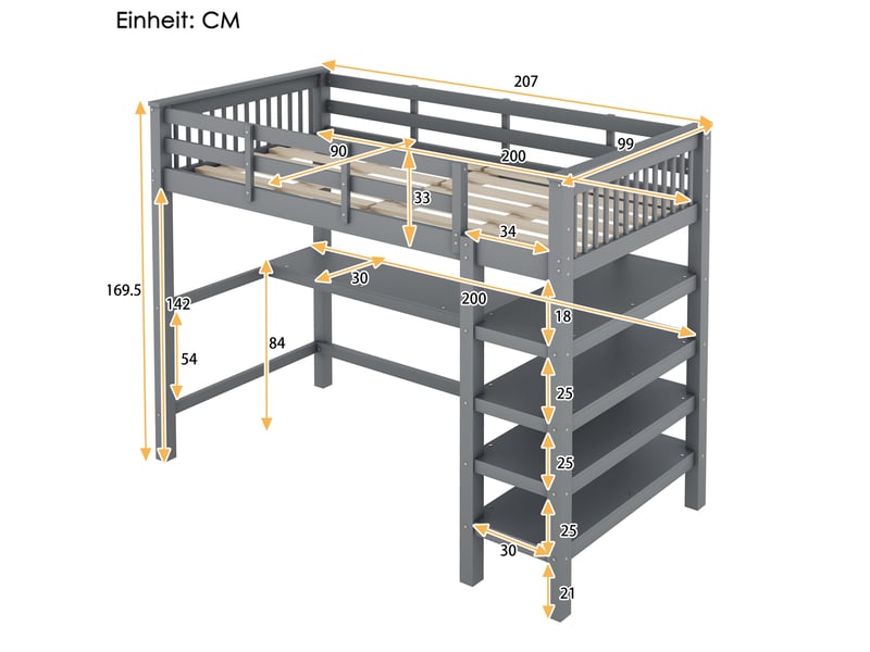  Lit mezzanine enfant 90x200 cm avec bureau et étagères gris  - Conforama C