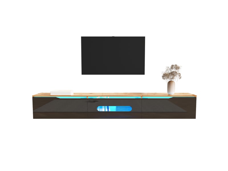  Meuble tv 180 cm noir et bois, led 16 couleurs, 3 portes, mural ou au sol  - Conforama A