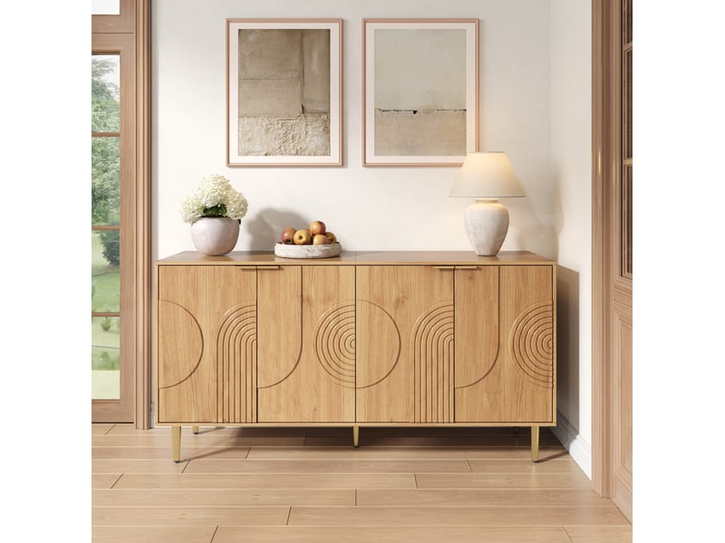 Buffet 4 portes en mdf naturel avec pieds en métal, 140 x 40 x 72 cm - Conforama D