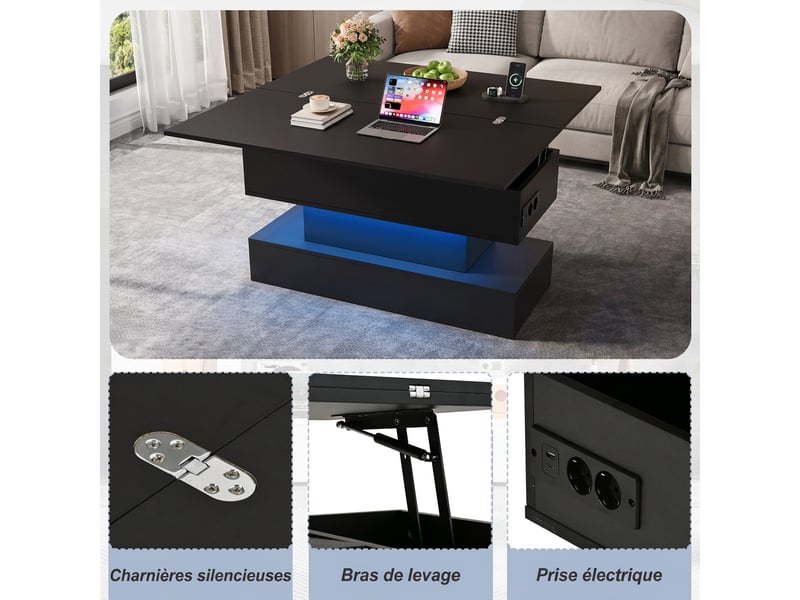  Table basse relevable 3 en 1 avec led et prise usb - rangement caché 100x50 cm noir  - Conforama E