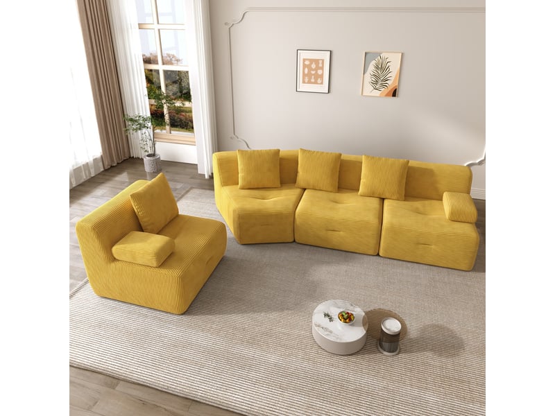  Canapé modulaire 4 places, modules combinables, sans montage, haute résilience, charge 400 kg, 65x90x311cm, velours côtelé, jaune  - Conforama D