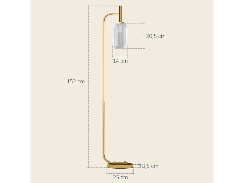  Lampadaire sur pied salon lampe sur pied avec abat-jour en verre texturé interrupteur à pied 29 x 25 x 152 cm métal or  - Conforama E