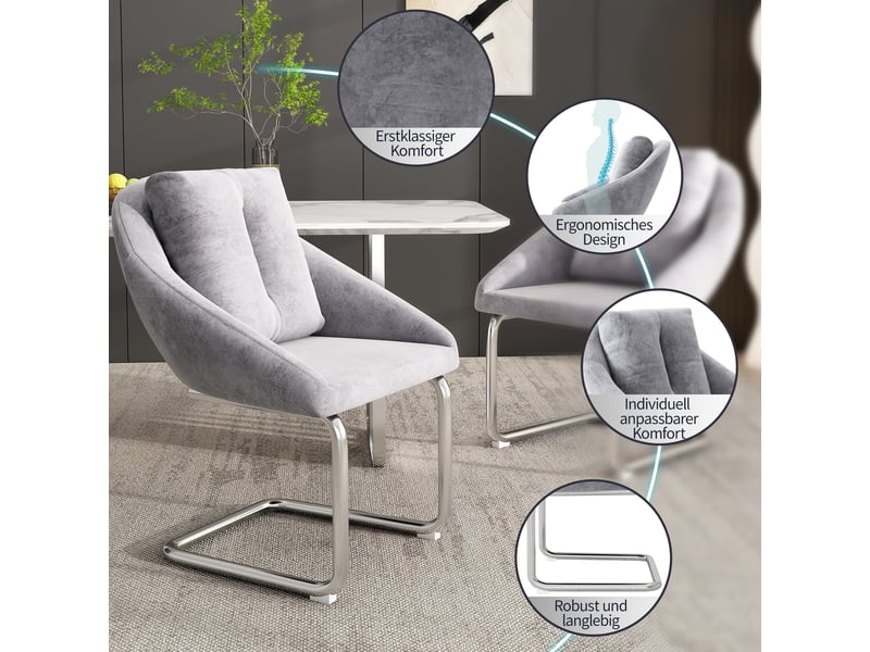  Chaises de salle à manger lot de 4 ergonomiques  - dossier galbé, pieds en métal, velours - gris  - Conforama E