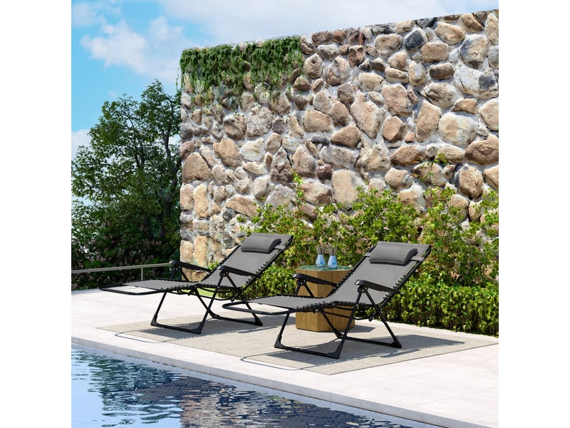  Lot de 2 bain de soleil, chaise longue pliante inclinable avec appuie-tête en textilène, 90 x 65 x 112 cm, gris  - Conforama C