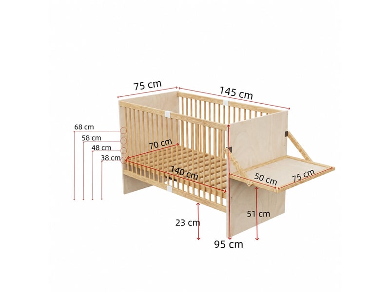 Lit bébé avec barrière 1 place, table à langer rabattable, 4 hauteurs - okmyhome- sans matelas, bois naturel - Conforama D