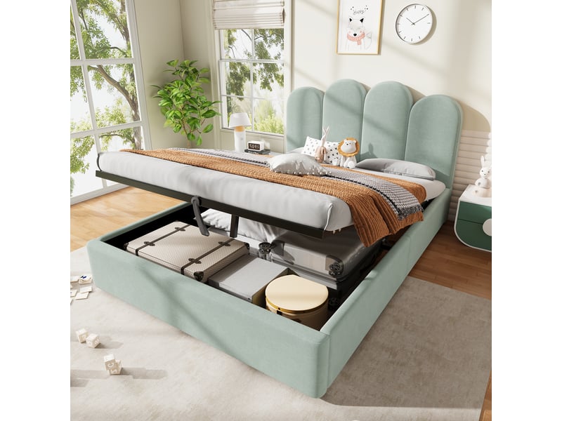 Lit coffre vert clair 140x200 cm en velours, tête arquée, base basse, support à lattes de contreplaqué, sans matelas - Conforama B