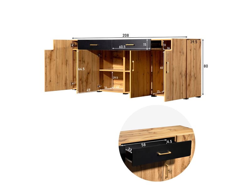  Buffet bas 208 x 39.5 x 80 cm, meuble de rangement pour cuisine et salon commode buffet, avec 4 portes et 2 tiroirs en bois de particules, marron  - Conforama E