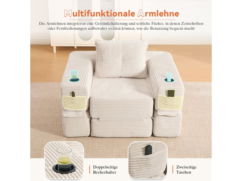  Canapé convertible 2 places en velours côtelé beige avec tiroir intégré et accoudoirs amovibles  - Conforama E