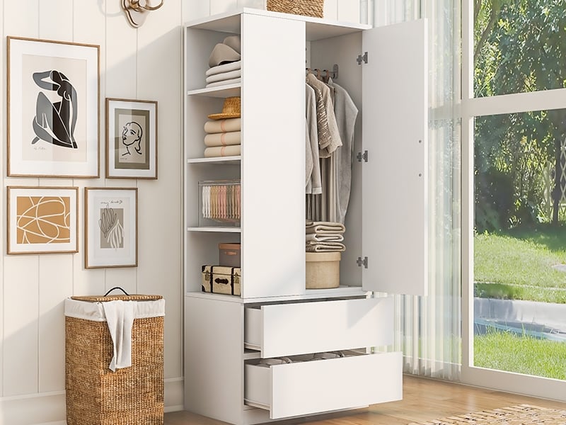 Armoire multifonction avec penderie, grand tiroir 2 niveaux, étagères ouvertes, 1 porte, 70x50x175cm, blanc - Conforama B