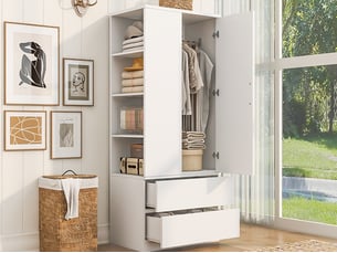 Armoire multifonction avec penderie, grand tiroir 2 niveaux, étagères ouvertes, 1 porte, 70x50x175cm, blanc