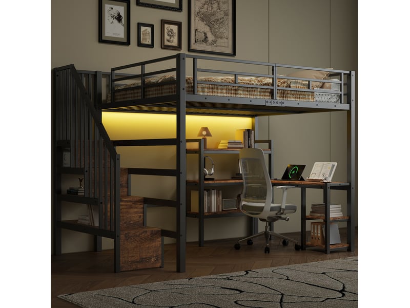 Lit mezzanine 140x200 cm noir avec bureau, escalier, led et station usb  - Conforama D
