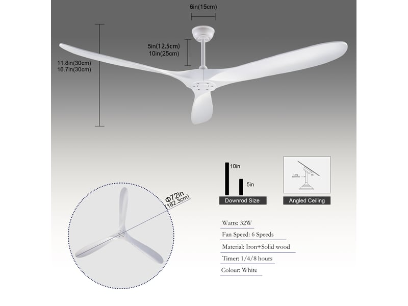 Ventilateur de plafond 70 pouces (176 x 176 cm) – blanc – 3 pales en bois, 6 vitesses, télécommande, sans éclairage - Conforama C