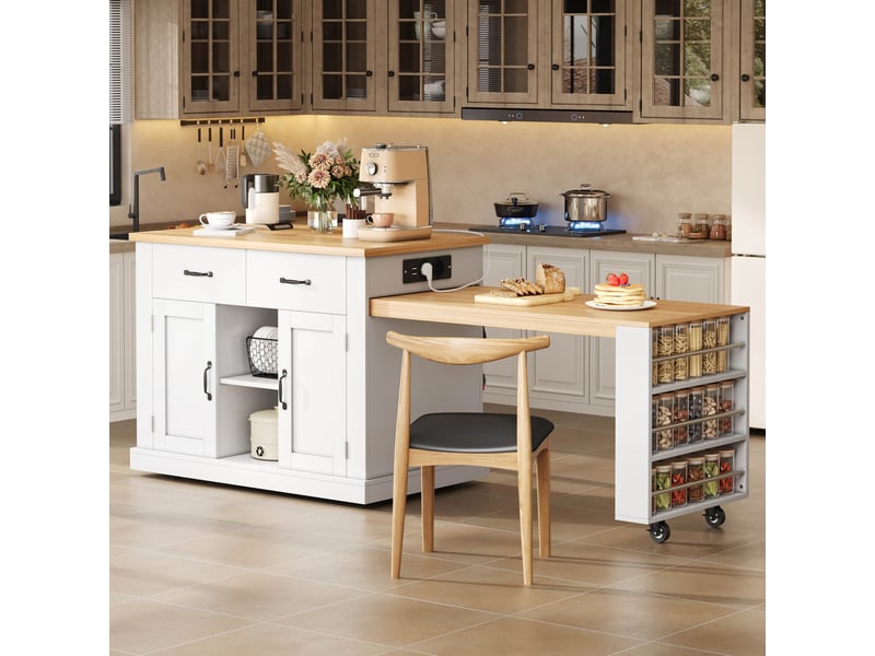  Desserte de cuisine avec table escamotable, 2 portes, 2 tiroirs, roulettes, prises et étagères pour salle à manger  - Conforama E