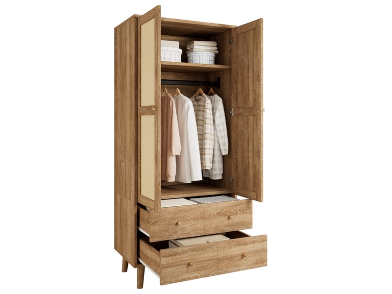  Armoire 80x50x180 cm avec 2 tiroirs et 2 portes en mdf, couleur bois foncé, design naturel, design effet rotin  - Conforama A