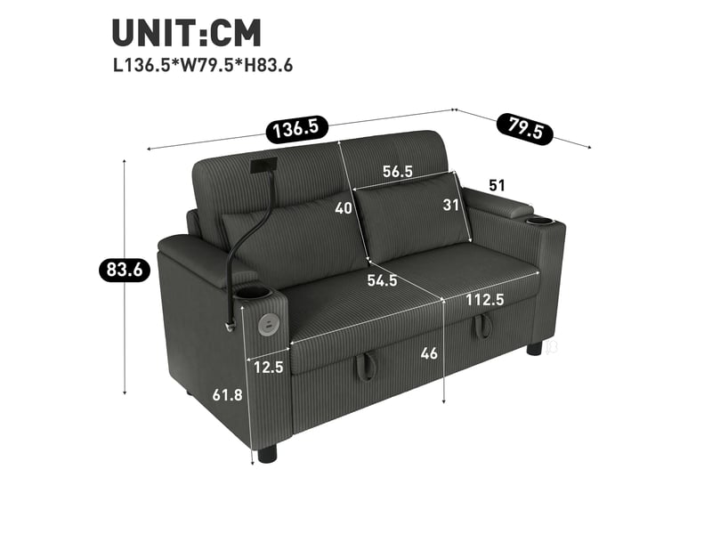  Canapé 2 places velours côtelé gris avec rangement et ports usb  - Conforama D
