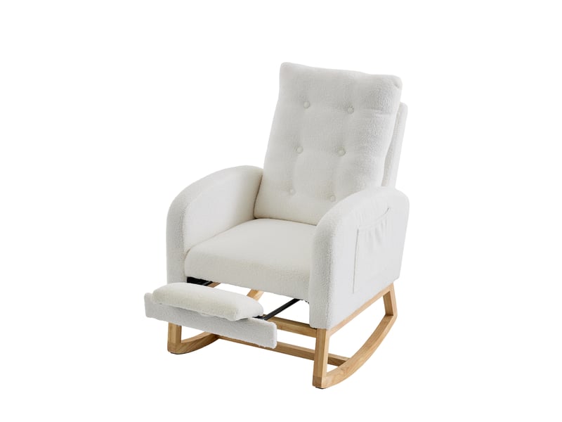  Fauteuil à bascule blanc 66,5 × 121,5 × 102 cm, tissu bouclette, repose-pieds réglable, poches latérales avec port usb  - Conforama A