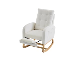 Fauteuil à bascule blanc 66,5 × 121,5 × 102 cm, tissu bouclette, repose-pieds réglable, poches latérales avec port usb