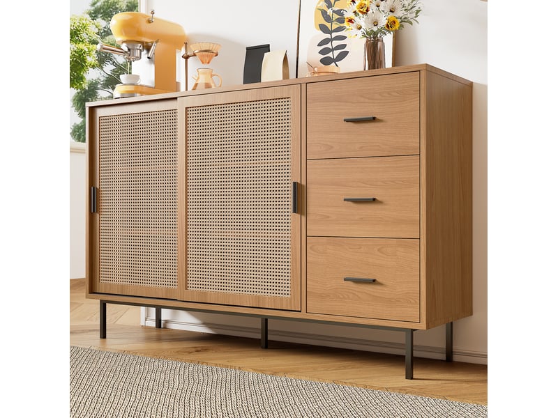 Buffet 140x37x91 cm avec 2 portes rotin 3 tiroirs tablettes réglables structure solide panneau de particules naturel - Conforama B