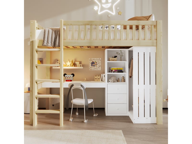  Lit mezzanine 90 x 200 cm avec bureau, armoire et 3 tiroirs intégrés, lit simple en pin naturel avec rangements ouverts, escalier et garde-corps  - Conforama C