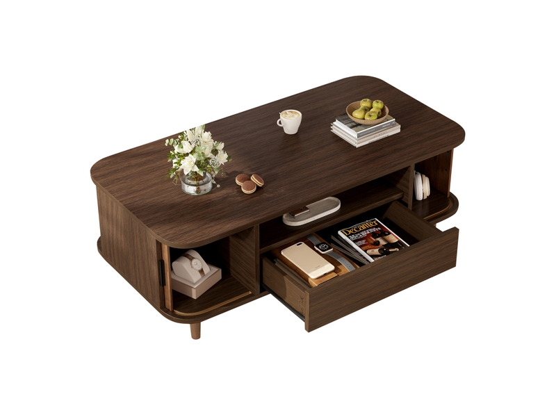  Table basse avec 1 tiroir et 2 portes, table salon en bois couleur noyer, 100x50x35 cm  - Conforama A