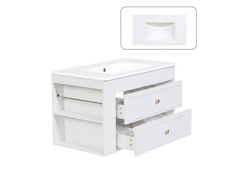 Meuble salle de bain suspendu 81 cm blanc avec vasque en céramique et porte-papier toilette  - Conforama C