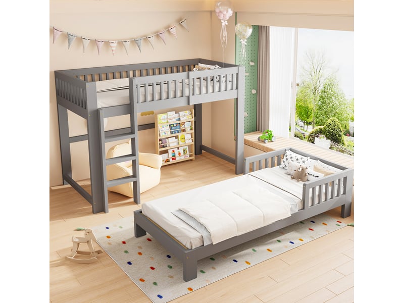  Lit superposé modulable tcqpz 90 x 200 cm avec lit simple gris mat  - Conforama E