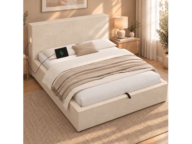  Lit coffre enfant 120x200 cm, lit rembourré avec sommier en chenille beige, sans matelas  - Conforama R