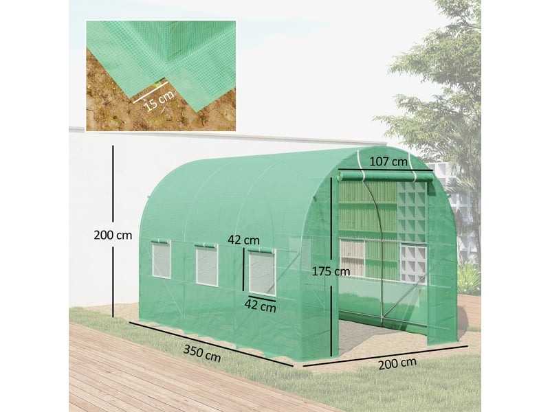 Serre de jardin tunnel 3,5 x 2 m avec structure en acier et bâche en polyéthylène pe 140 gm² verte - Conforama E