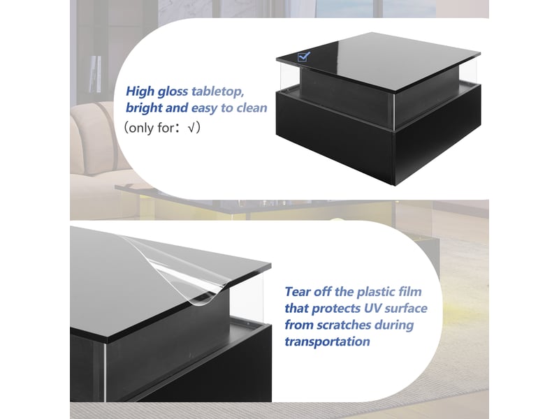  Table basse led avec 2 tiroirs et espace transparent pour salon 70×70×41 cm en panneaux de particules noir  - Conforama C