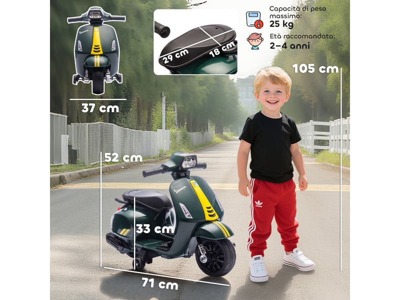  Moto vespa électrique sous licence pour enfants, batterie rechargeable 6v, roues et lumières, 2-4 ans, vert foncé  - Conforama E