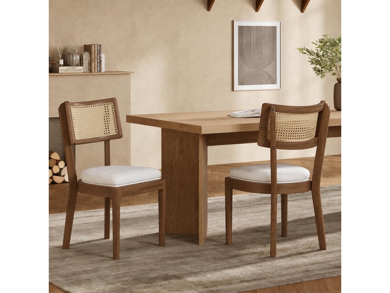 Lot de 2 chaises de salle à manger en bois massif noyer, dossier rotin, tissu lin beige - Conforama B