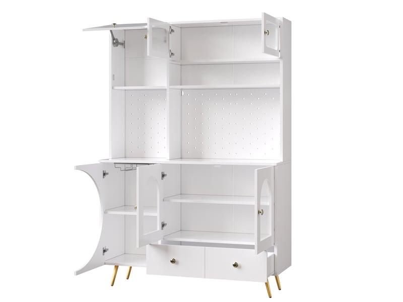  Buffet haut 120x40x176 cm blanc en mdf, verre et métal, led, prises usb, rangement cuisine  - Conforama D