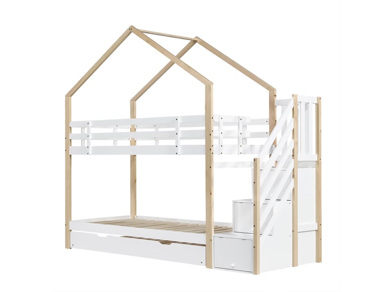 Lit superposé enfant 90x200 et 90x190 cm – blanc et naturel – lit gigogne, escalier de rangement – sans matelas - Conforama D